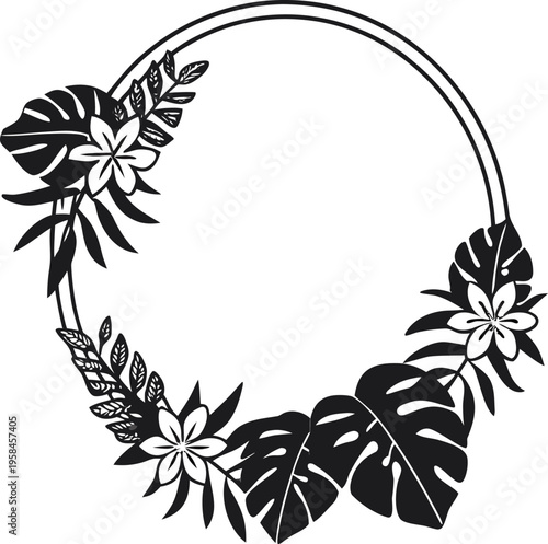 Black tropical leaf and flower wreath vector