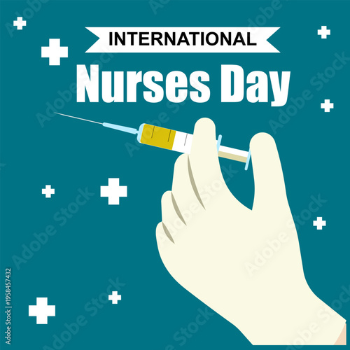 International Nurses Day. A gloved hand holds a syringe with medicine. Medical design. Vector