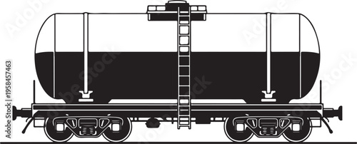 Railway tanker wagon, black and white train car, industrial rail transport, side view