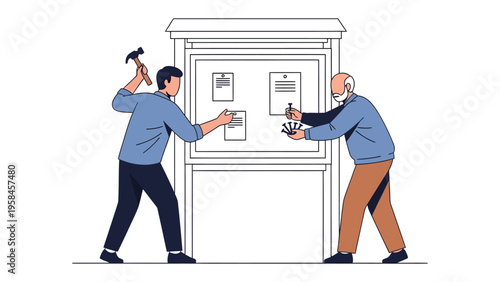 Collaboration on the Bulletin Board: Two individuals, a younger and an elder, working collaboratively to arrange notices on a public bulletin board, symbolizing teamwork, communication.