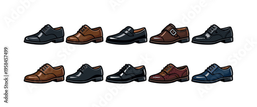 Collection of classic men's dress shoes in various styles and colors