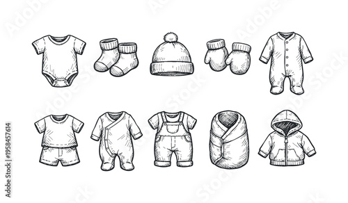 Collection of hand-drawn baby clothing items and accessories for newborns