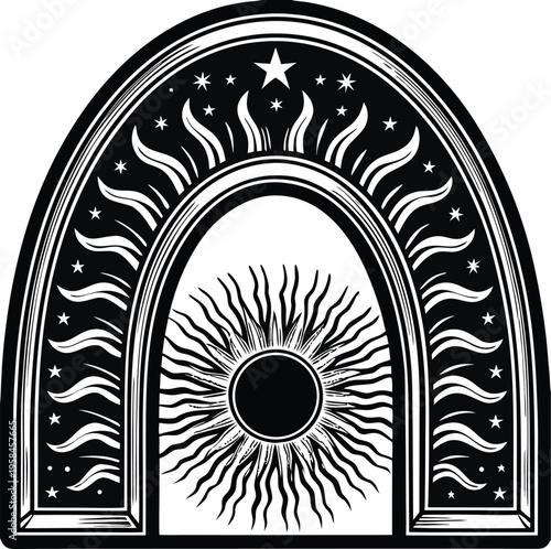 Vector illustration of sun and stars in arched window frame