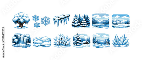 Collection of pixel art winter elements including trees, snowflakes, and landscapes