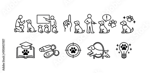 Collection of dog training icons illustrating learning, commands, and agility activities