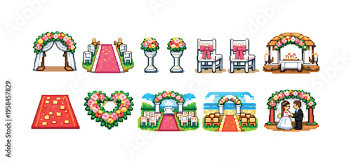 Pixel art wedding ceremony elements including arches, aisle, and couple