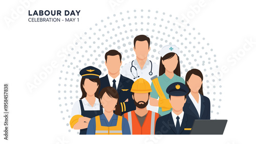 Labor Day Celebration: A diverse group of essential workers stand united, symbolizing the value of labor, achievement, and the contributions made to society, marking a special day of recognition