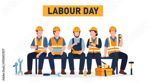 Labour Day Celebration: A group of diligent laborers take a moment to rest and reflect, commemorating Labour Day in unity and solidarity.