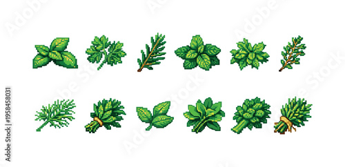 Collection of pixel art herbs and spices for culinary and decorative use