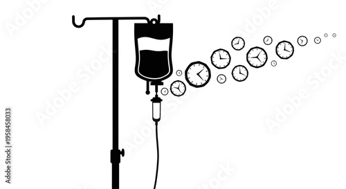 Iv drip with clock icons flowing through tube on medical stand