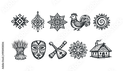 Collection of hand-drawn cultural symbols and folk art elements in black and white