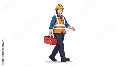 Construction Worker with Toolbox: A person in a hard hat and safety vest walks purposefully, carrying a red toolbox, ready for a day of work on a construction site.