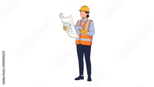Blueprint Contemplation: An architect, clad in a safety vest and helmet, meticulously reviews a blueprint, embodying the essence of careful planning and the pursuit of precision.