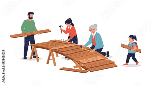 Family building together: A diverse family works together building, each member contributing to the construction. The scene highlights the beauty of collaboration.