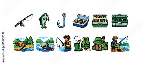 Pixel art collection of fishing equipment and outdoor activities