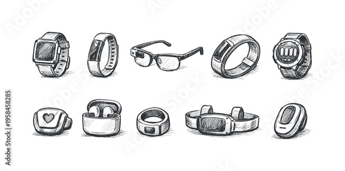 Collection of hand-drawn wearable technology gadgets and accessories