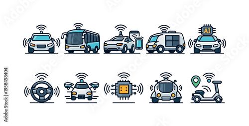 Collection of autonomous vehicle icons and related technology symbols