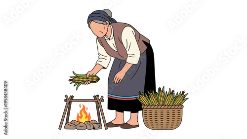 Traditional Cooking Scene: An illustration depicts a woman preparing ears of corn over a small fire, with a basket nearby, celebrating a cultural scene.