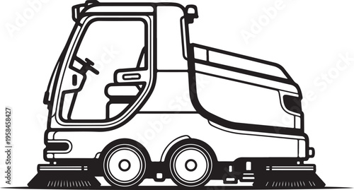 Street Sweeper, Road Cleaning Truck, Urban Maintenance Vehicle, Black and White Illustration