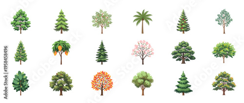 Tree icons collection featuring oak maple pine palm willow and evergreen forest plants decorative botanical outline line editable stroke nature set.