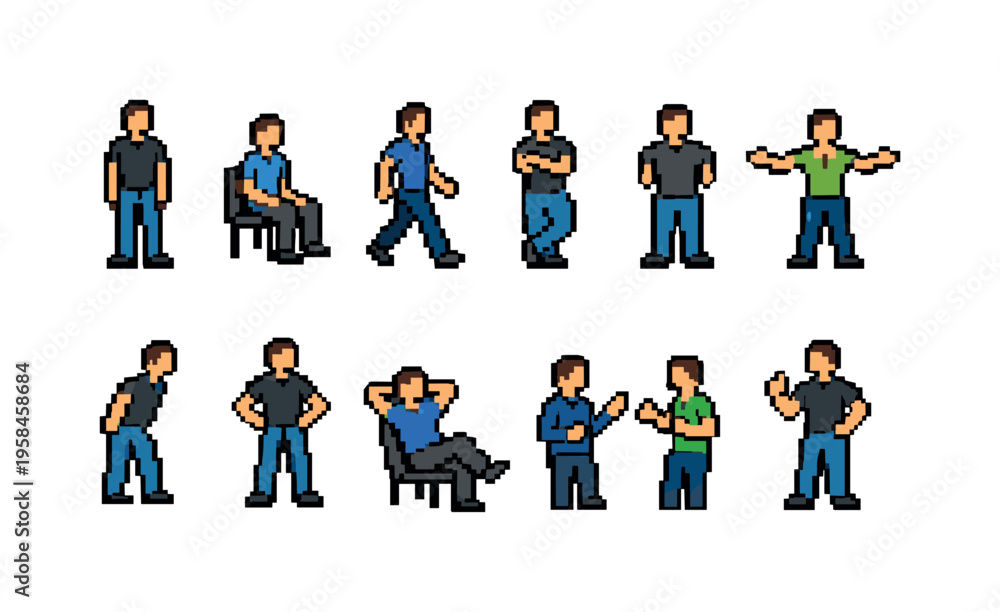 Naklejka premium Collection of pixel art men in various casual poses and actions