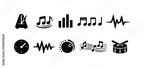 Collection of musical icons representing rhythm, melody, and sound elements