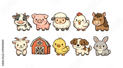 Collection of adorable cartoon farm animals and a barn in a playful illustration