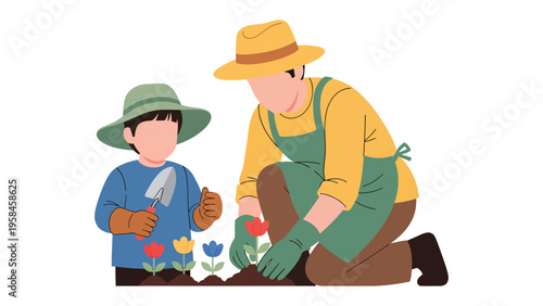 Cultivating Growth Together: A heartwarming illustration depicts a parent and child engaged in a shared gardening experience, fostering a love for nature and the simple joys of life.
