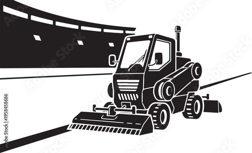 Industrial road sweeper, street cleaning vehicle, black and white illustration, vector graphic