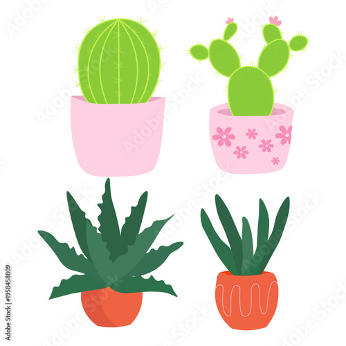 Collection of cute potted plants including cacti and blooming flowers in decorative pots. Bright and playful illustration with a cozy home garden feel. 