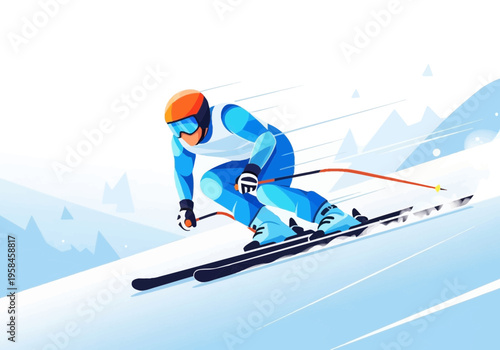 Flat design illustration of a downhill skier in action, gliding swiftly on a snowy mountain landscape
