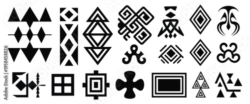 Hawaiian tribal icon symbols geometric shapes set, Polynesian style patterns with abstract motifs, cultural heritage design elements, minimal vector icons collection for logos, prints and creative com