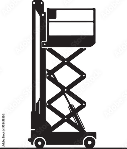 Scissor lift, aerial lift, construction equipment, industrial vehicle, black silhouette, vector icon