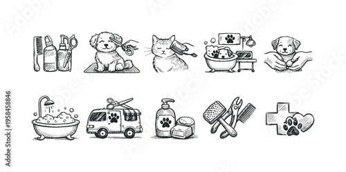 Collection of hand-drawn icons representing pet grooming services and care