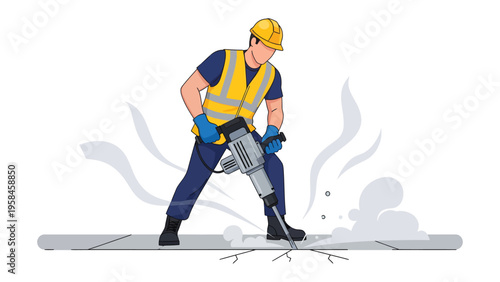 Construction Worker at Work: An illustration depicting a construction worker in action, operating a jackhammer to break up a concrete surface. Capturing the essence of industry, construction.