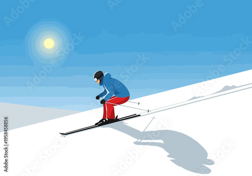 Alpine skier descending a snowy mountain slope on a sunny winter day. Vector illustration of a person enjoying winter sports and outdoor activities