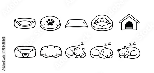 Collection of cute cartoon pet beds and sleeping animals icons