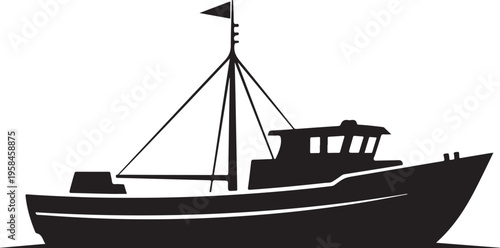 Fishing boat, silhouette, vector graphic, black, nautical icon, flat design