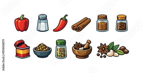 Collection of colorful cartoon spices and seasonings in jars and bowls