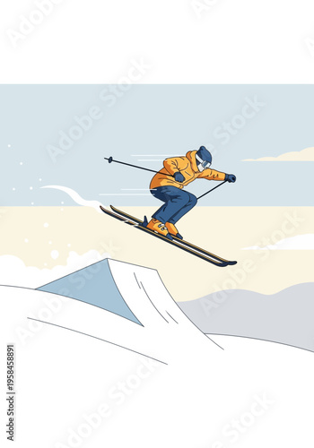 Skiing downhill in the air, the athlete performs a trick over a snow ramp, enjoying the winter sport in a mountainous landscape, an exhilarating outdoor activity