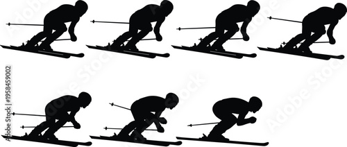 Skiing athlete silhouettes collection, winter sport action poses, downhill skier illustration, black and white vector set, isolated extreme sport design