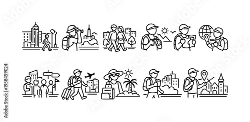 Travel and tourism icons depicting various vacation and exploration activities