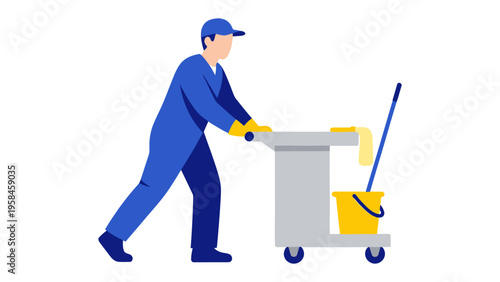 Custodian on the Move: A professional custodian efficiently navigates with a cleaning cart. This scene conveys cleanliness and the dedication of maintenance staff.