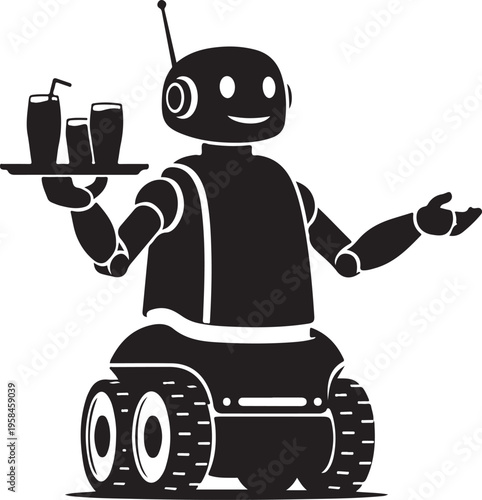 Robot waiter, service bot, black illustration, vector graphics, restaurant helper