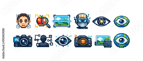 Pixel art icons representing artificial intelligence and computer vision concepts