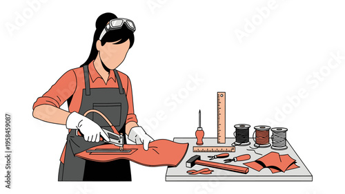 Craftswoman at Work: A skilled craftswoman meticulously works on a leather project, surrounded by tools of her trade, showcasing dedication to her craft.