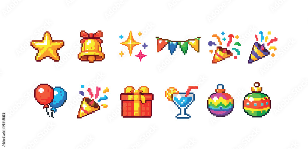 Fototapeta premium Pixel art celebration icons including gifts, balloons, and party poppers