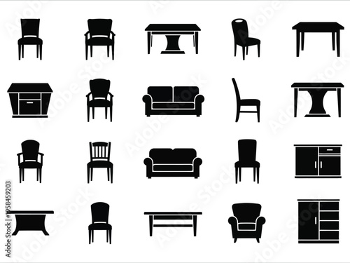Collection of furniture silhouettes including chairs tables sofas and cabinets