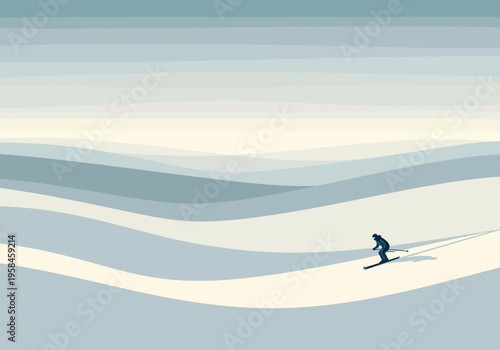 A lone skier gracefully navigates a snow-covered mountain slope, capturing the serene beauty of a winter landscape