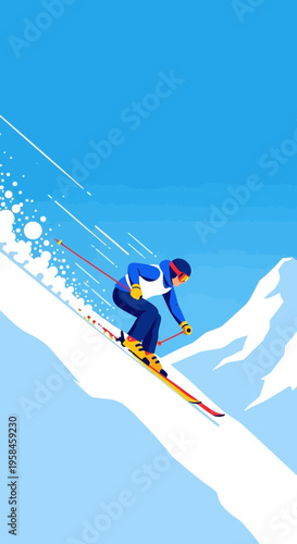 Winter sports illustration of a skier descending a snowy slope with poles in hand, against a clear blue sky and mountain backdrop